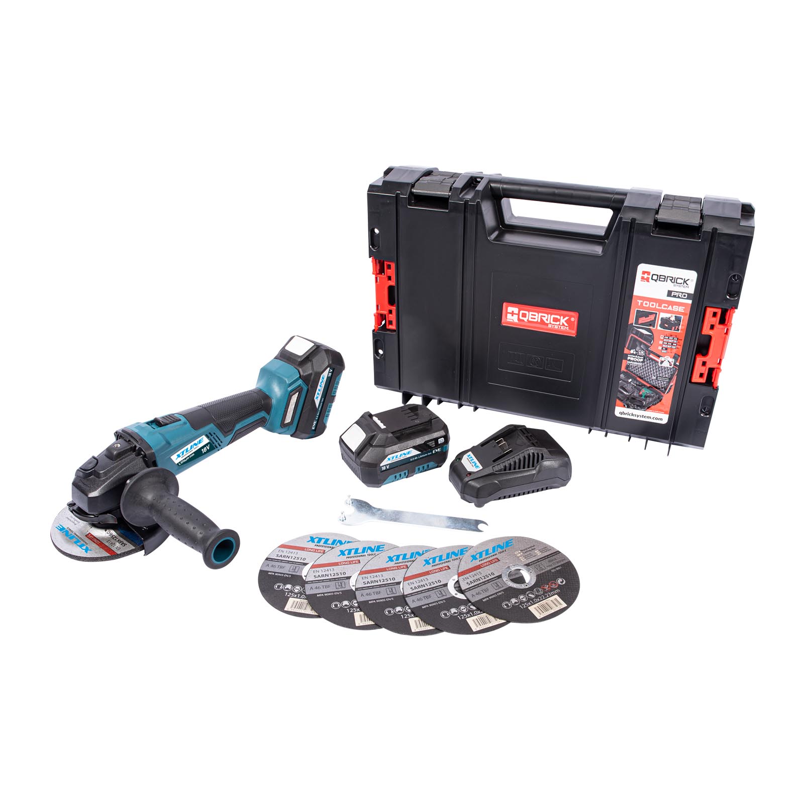 XTline Aku úhlová bruska bezuhlíková 18 V, 125 mm + 2 baterie 5.0 Ah + nabíječka 3.5 A + box